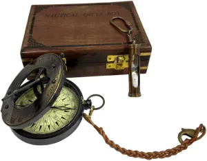 Handmade Nautical Box with Antique Brass Sundial Compass & Sand Timer Keychain – Maritime Compass with Antique Brass Finish, Home & Table Décor