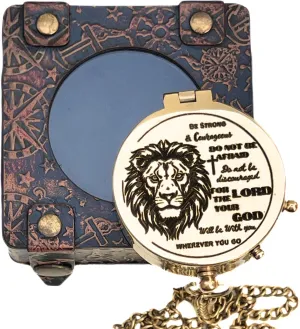 Handmade Shiny Brass Compass with Engraved Lion Logo and Quotes Magnetic Open Lid Design with Chain and Leather Case Portable Directional Gift Piece