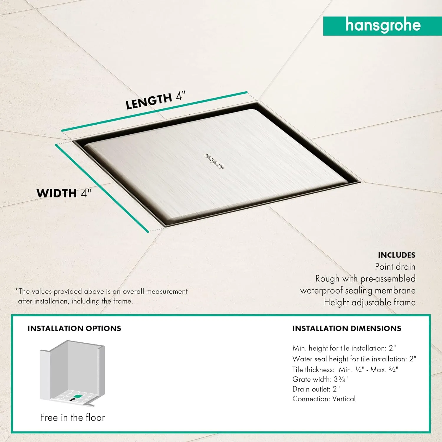hansgrohe RainDrain Brilliance Square Tileable Shower Drain Set with Rough and Tileable Rear Cover in Brushed Stainless Steel, Stainless Steel Shower Floor Drain