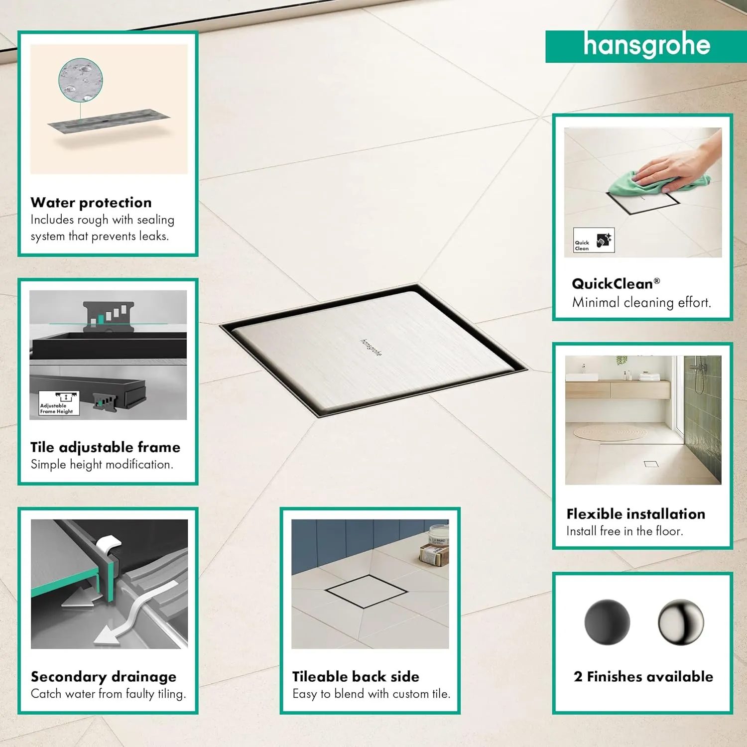 hansgrohe RainDrain Brilliance Square Tileable Shower Drain Set with Rough and Tileable Rear Cover in Brushed Stainless Steel, Stainless Steel Shower Floor Drain