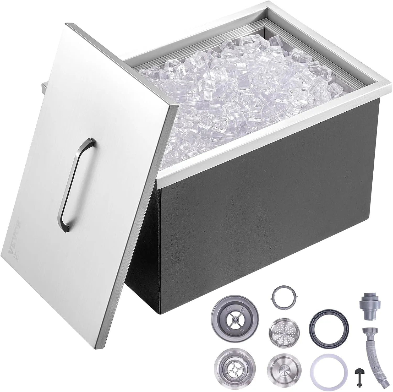 Happybuy Drop in Ice Chest 23''L x 17''W x 12''H with Cover 304 Stainless Steel Drop in Cooler Included Drain-Pipe and Drain Plug Drop in Ice Bin for Cold Wine Beer