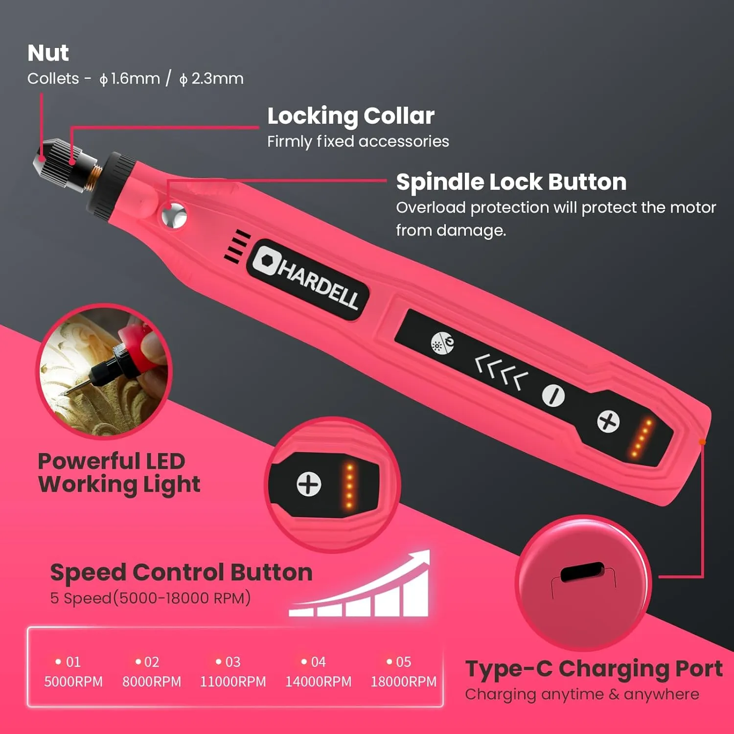 HARDELL Mini Cordless Rotary Tool, 5-Speed 3.7V Power Rotary Tool Kit with 111 Accessories, Multi-Purpose Rotary Tool for Sanding, Polishing, Drilling, Cutting Engraving DIY Crafts (Upgrade Package)