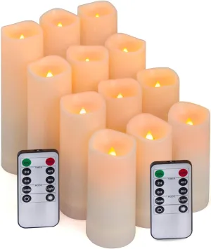 Hausware Waterproof Outdoor Flameless Candles, Battery Operated Flickering LED Candles for Outdoor Larterns, Porch, H 4"" 5"" 6"" 7"" Pillar Candles with Remote Control and Timer Set of 12, Irovy