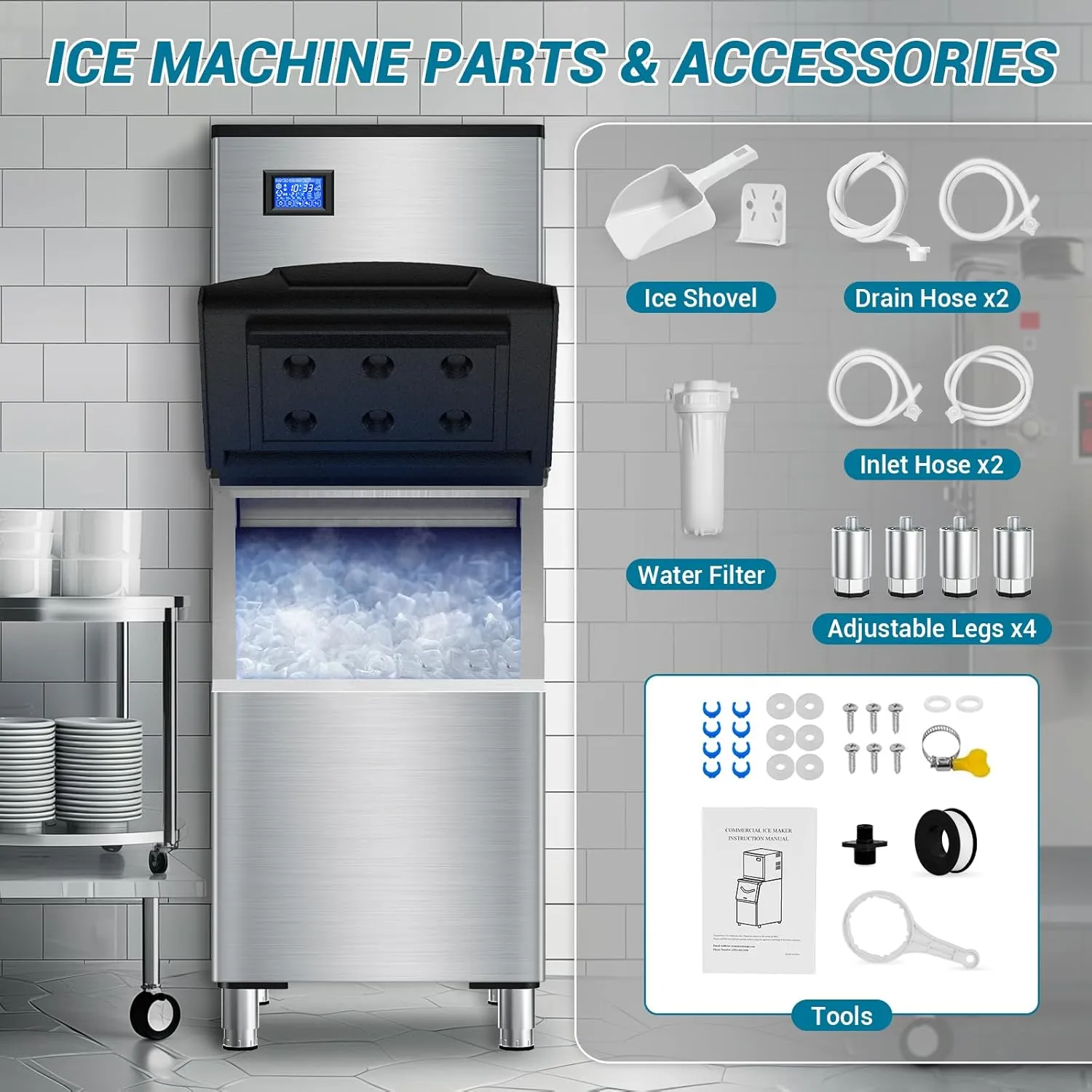 High-Performance Commercial Ice Maker Machine: 500lbs/24H Production, 350lbs Storage, 156 Ice Cubes in 6-15 Mins - Stainless Steel Industrial Ice Maker for Restaurant, Bar, Cafe, Commercial Use