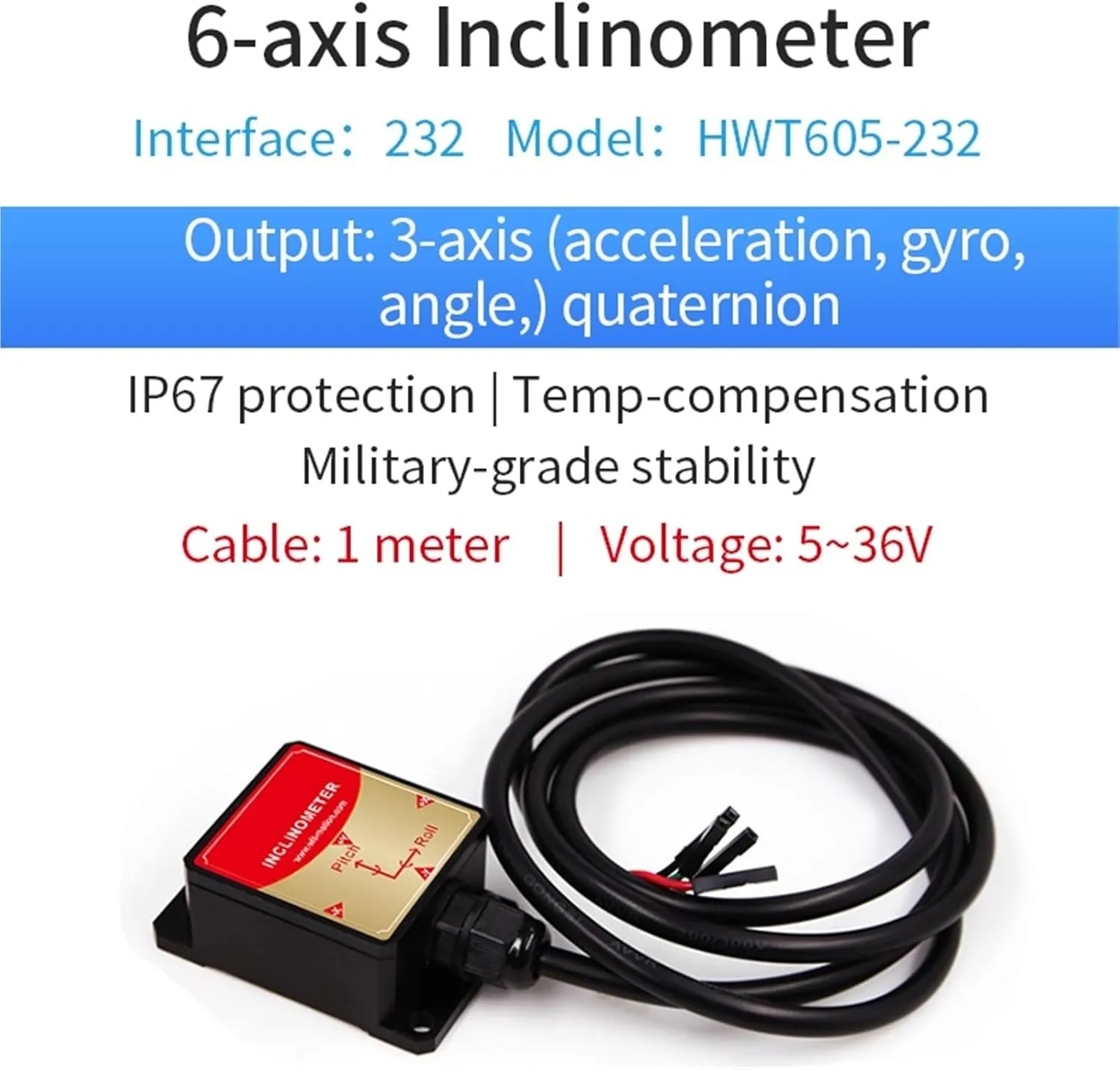 High-Precision Inclinometer HWT906 1000Hz Industrial-Grade Accelerometer Digital Compass Gyro,with Temperaturer Compensation(HWT605-RS232)