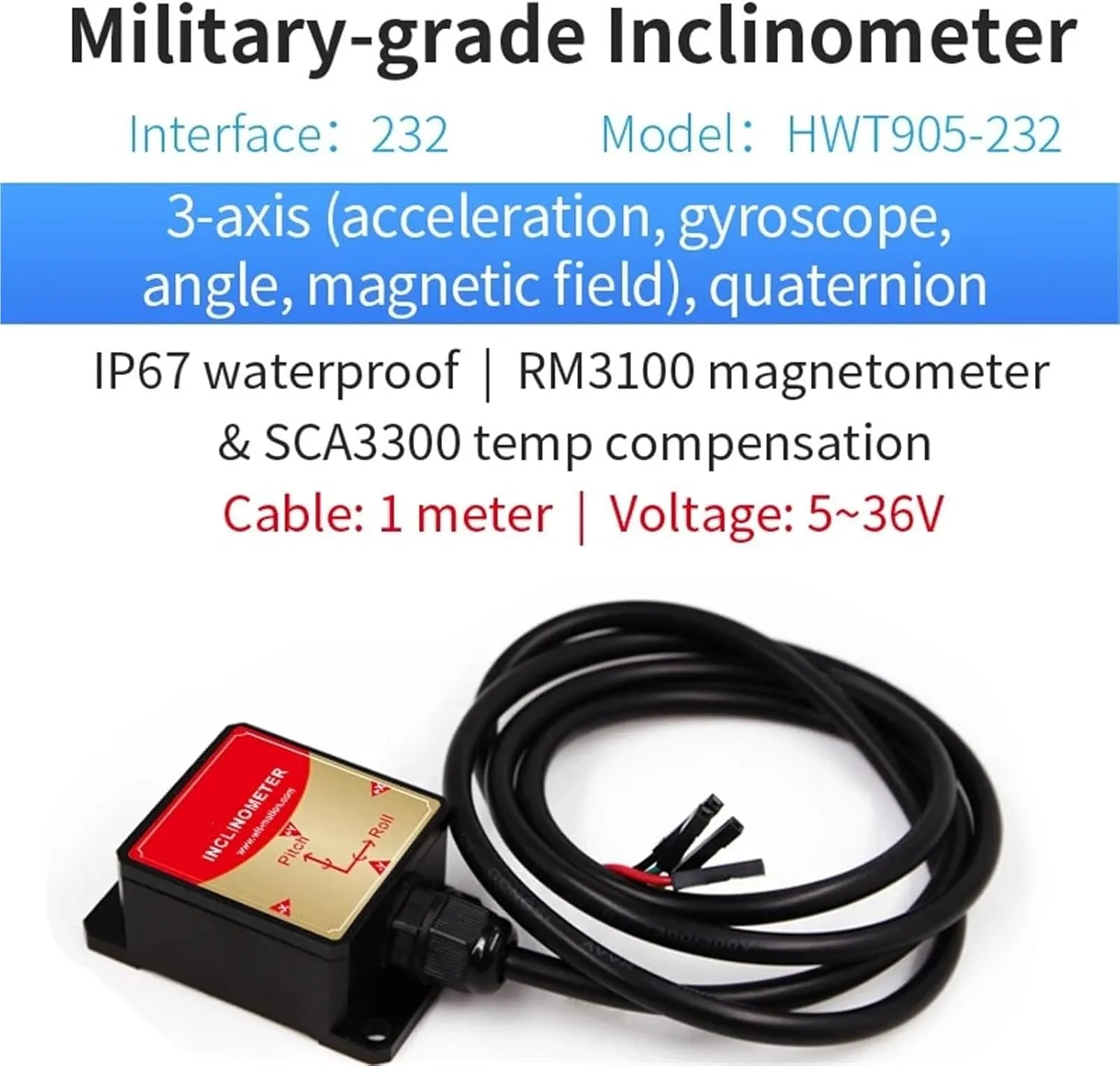 High-Precision Inclinometer HWT906 1000Hz Industrial-Grade Accelerometer Digital Compass Gyro,with Temperaturer Compensation(HWT905-RS232)