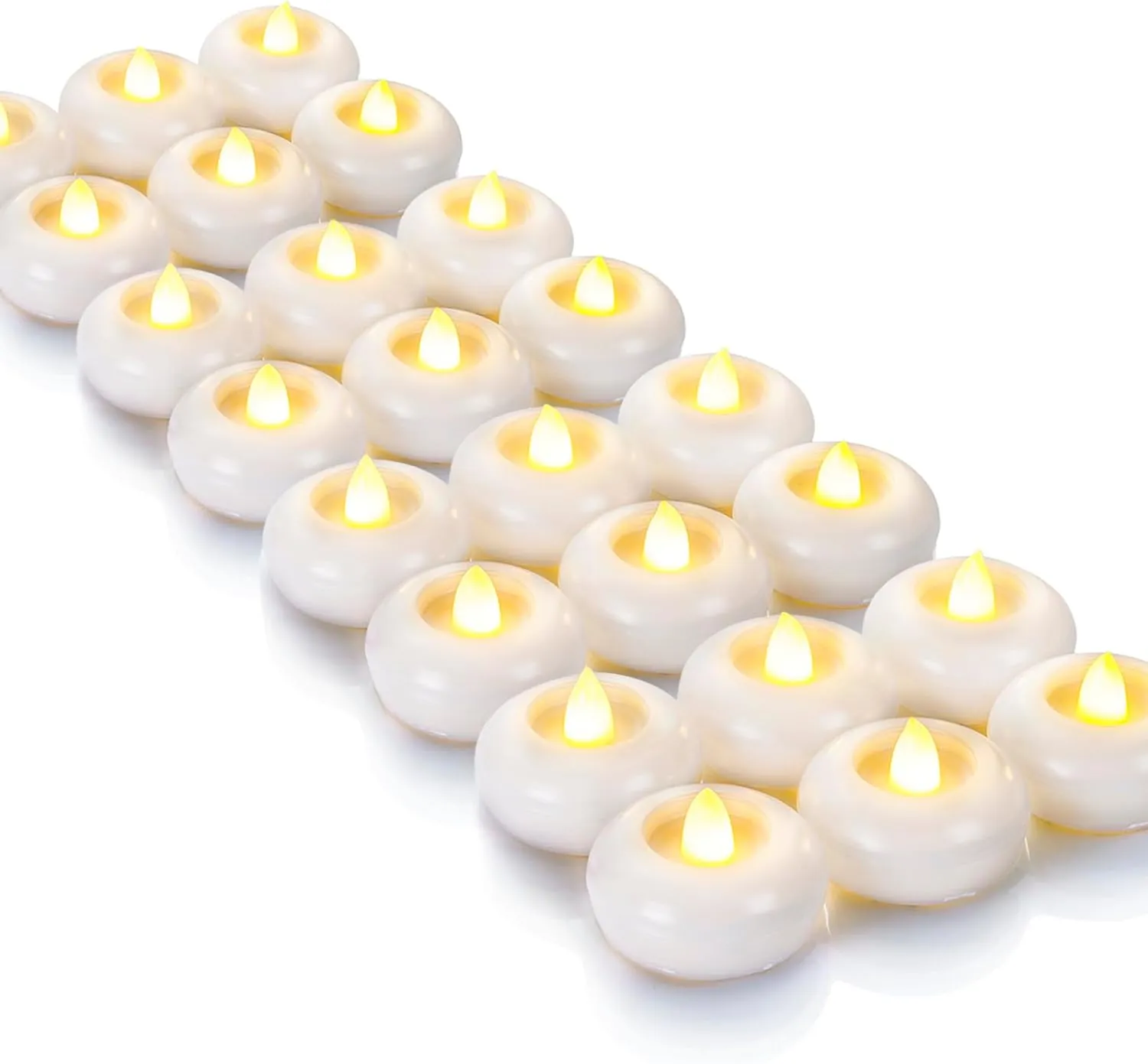 Homemory 24Pack 2” Flameless Led Floating Candles, 200 Hour Plastic Battery Operated Flickering Waterproof Tealights for Cylinder Vases, Centerpieces at Wedding, Party, Pool, Holiday (White Base)