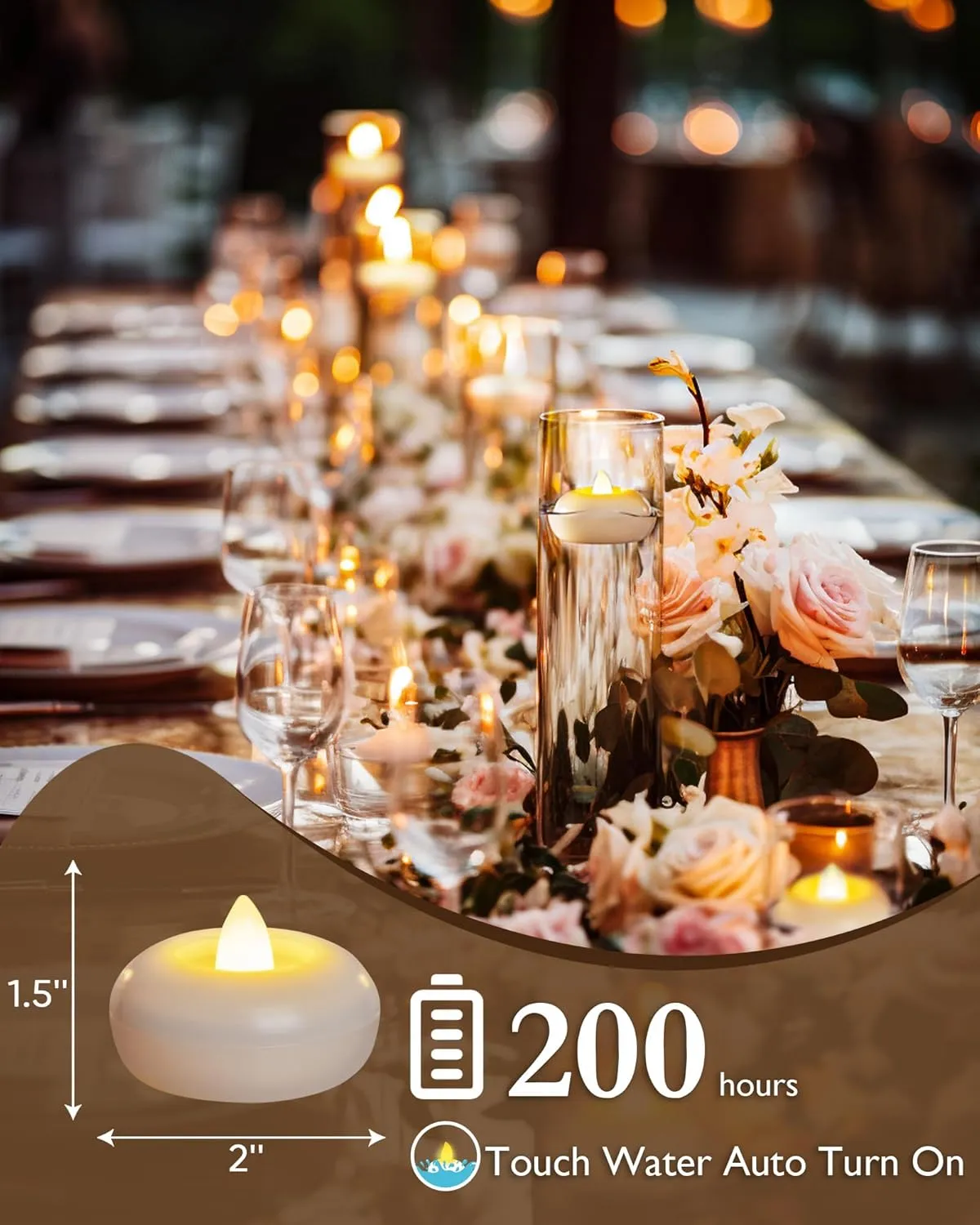 Homemory 48Pack 2” Flameless Led Floating Candles, 200 Hour Plastic Battery Operated Flickering Waterproof Tealights for Cylinder Vases, Centerpieces at Wedding, Party, Pool, Holiday (White Base)