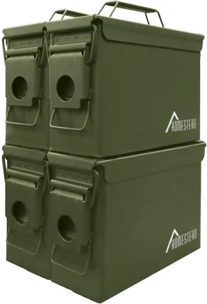 HOMESTEAD 30 Cal Metal Ammo Cans – 4-Pack M19A1 Military Steel Storage Boxes, Airtight & Water-Resistant Containers for Ammunition or Tools, Green Color