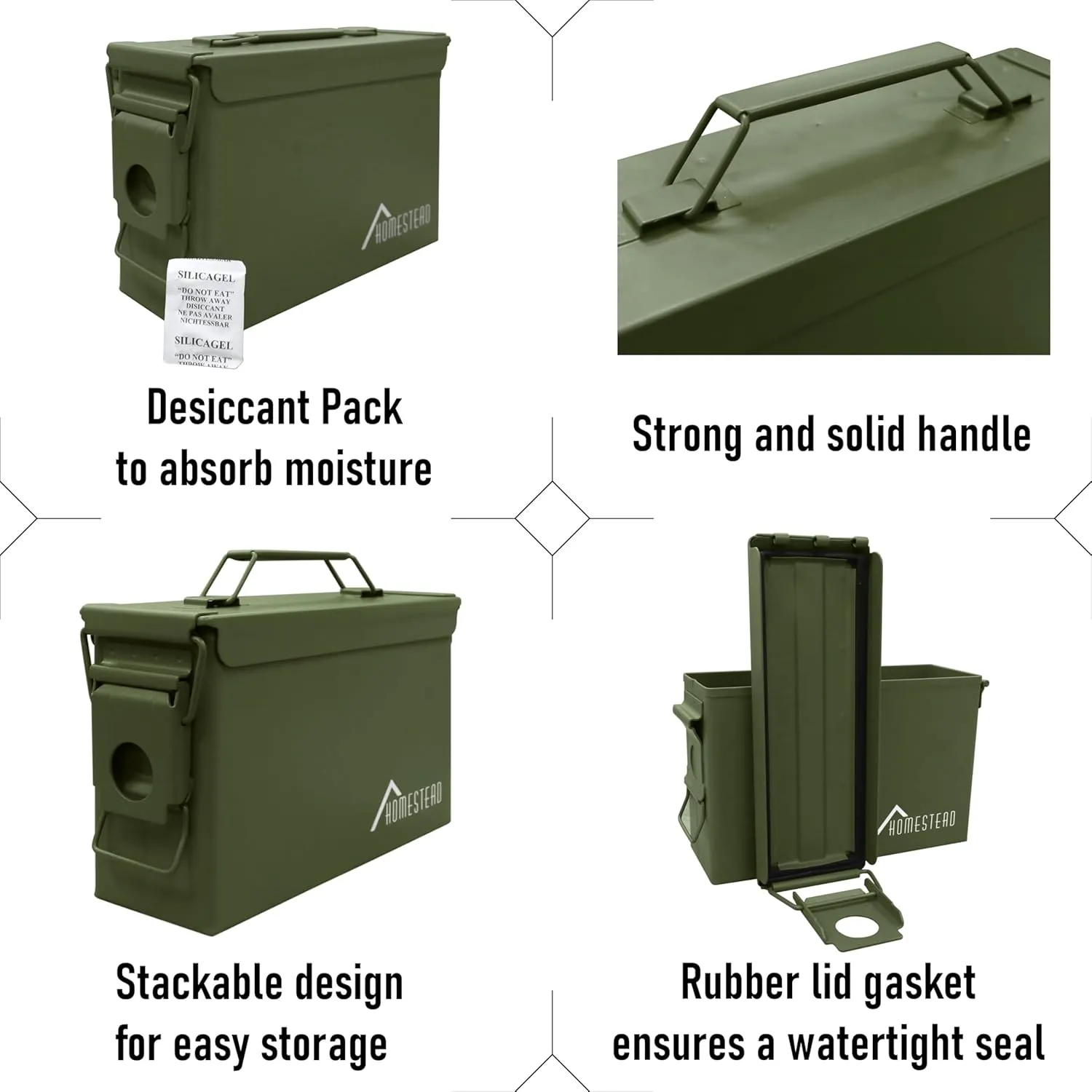 HOMESTEAD 30 Cal Metal Ammo Cans – 4-Pack M19A1 Military Steel Storage Boxes, Airtight & Water-Resistant Containers for Ammunition or Tools, Green Color