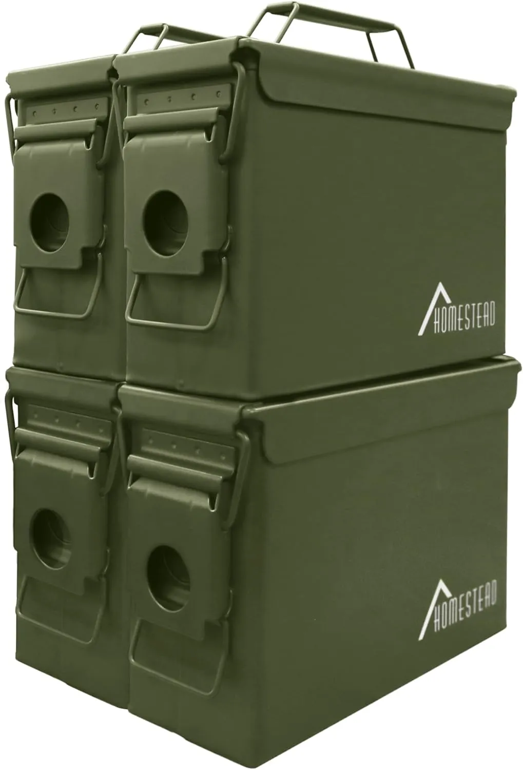 HOMESTEAD 30 Cal Metal Ammo Cans – 4-Pack M19A1 Military Steel Storage Boxes, Airtight & Water-Resistant Containers for Ammunition or Tools, Green Color