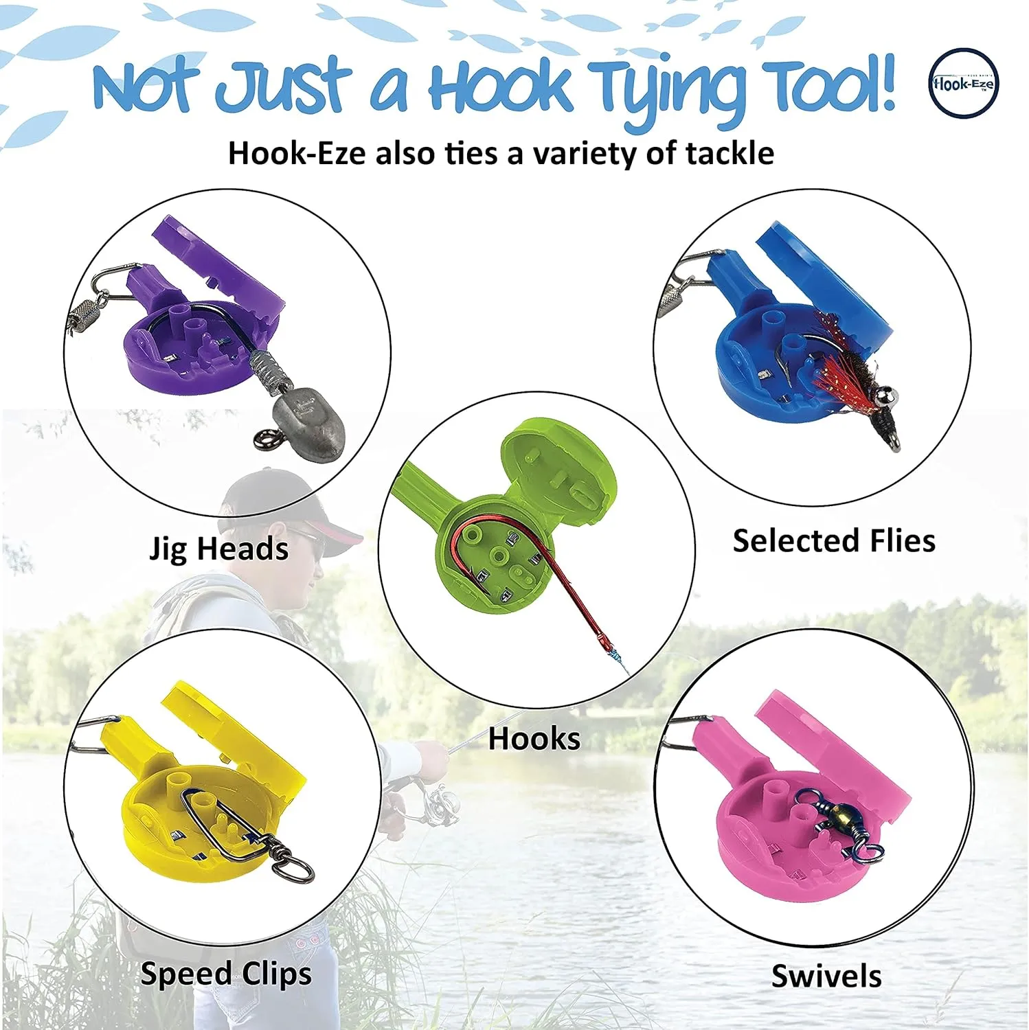 HOOK-EZE Knot Tying Tool Cover Hooks on 4 Fishing Poles - Line Cutter - 2 Sizes Saltwater Freshwater Bass Kayak Ice Fishing