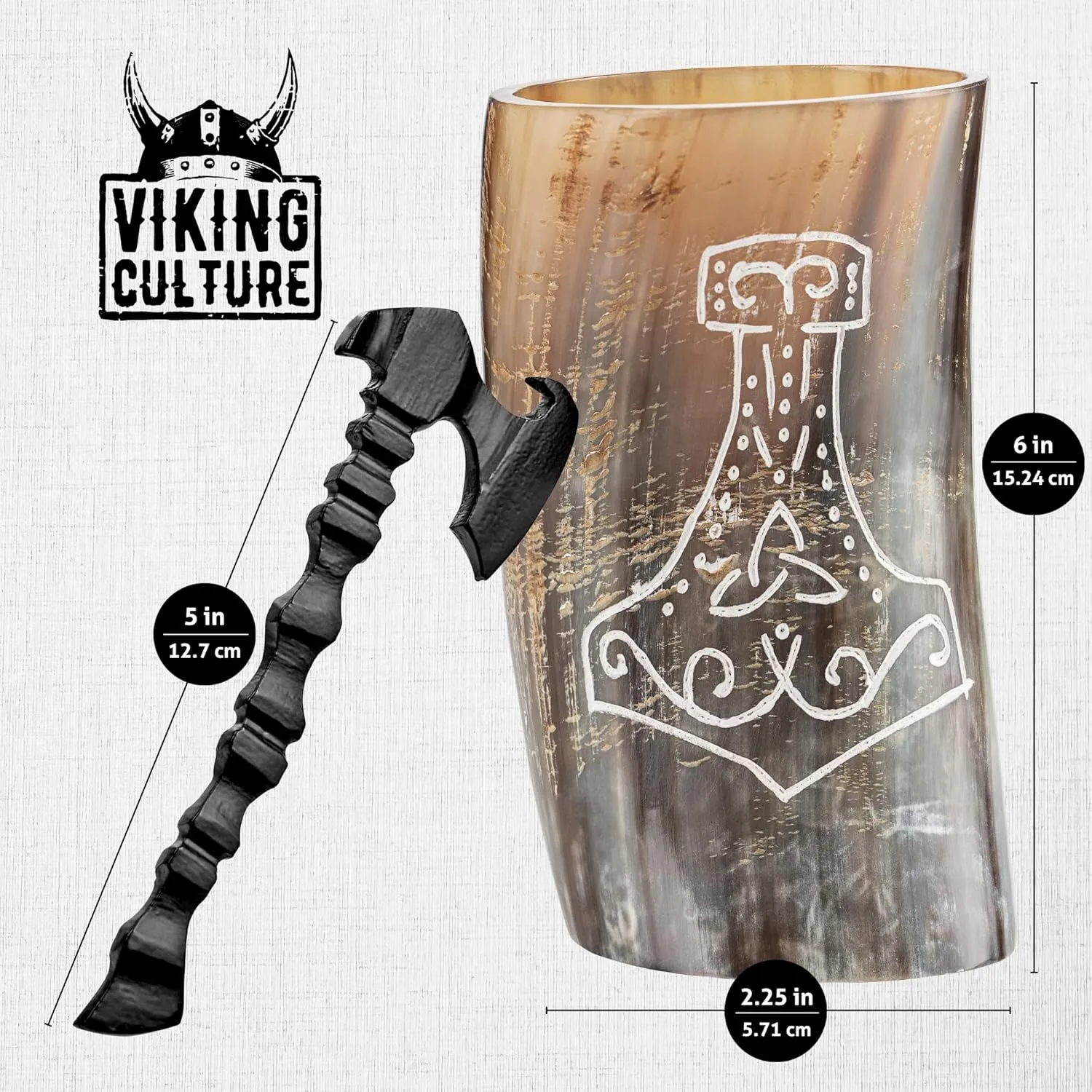 Horn Mead Cup - Nordic Inspired Drinking Vessel | Handmade Goblet for Wine Beer Ale - Safe and Unique Drink Tumbler Gift with Axe Bottle Opener and Burlap Bag
