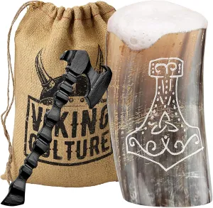 Horn Mead Cup - Nordic Inspired Drinking Vessel | Handmade Goblet for Wine Beer Ale - Safe and Unique Drink Tumbler Gift with Axe Bottle Opener and Burlap Bag