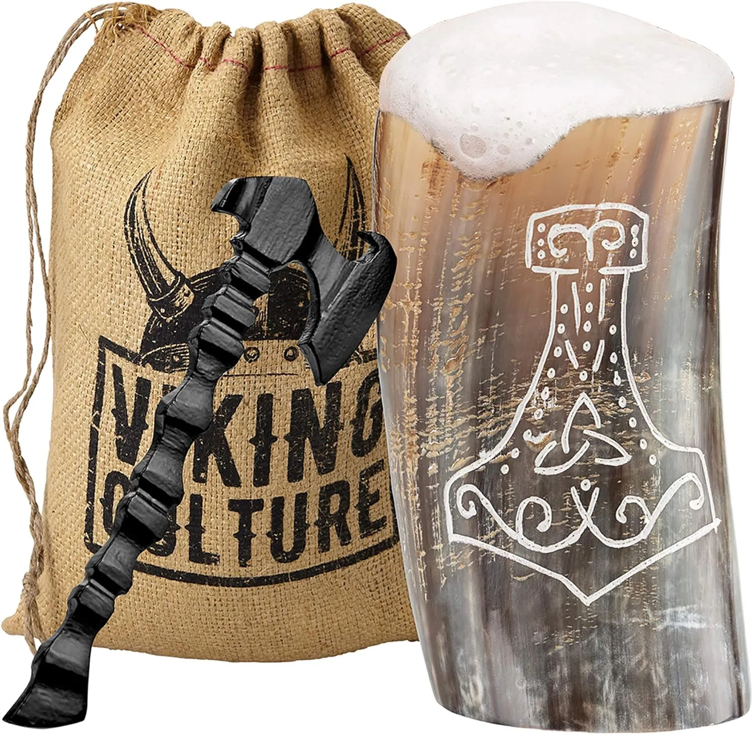 Horn Mead Cup - Nordic Inspired Drinking Vessel | Handmade Goblet for Wine Beer Ale - Safe and Unique Drink Tumbler Gift with Axe Bottle Opener and Burlap Bag