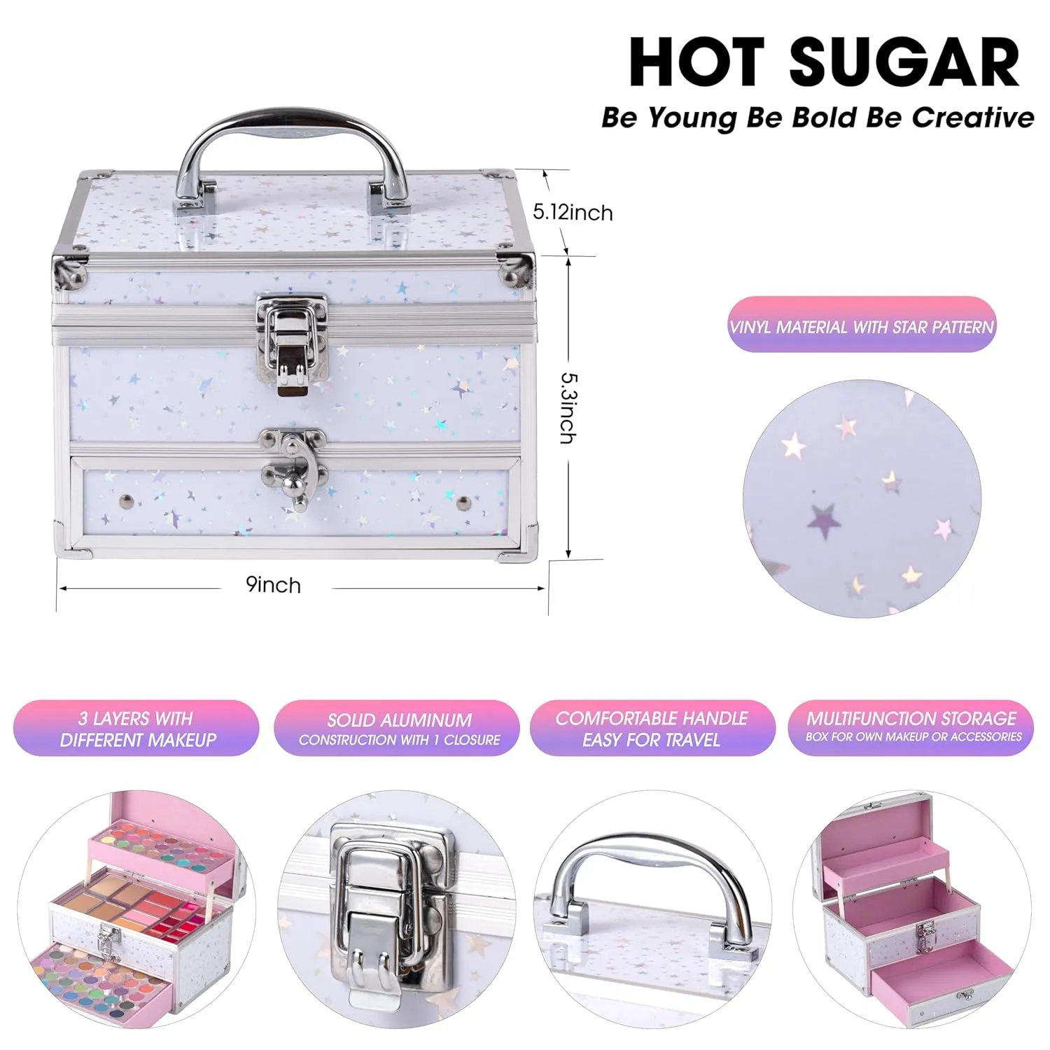 Hot Sugar Makeup Kit for Teen Girls, Kids Makeup Set for Girls Includes Eyeshadow, Lip Gloss, Blush, Highlighter, Bronzer, Lip Pencil, Eye Pencil, Brush and Makeup Box (WHITE)