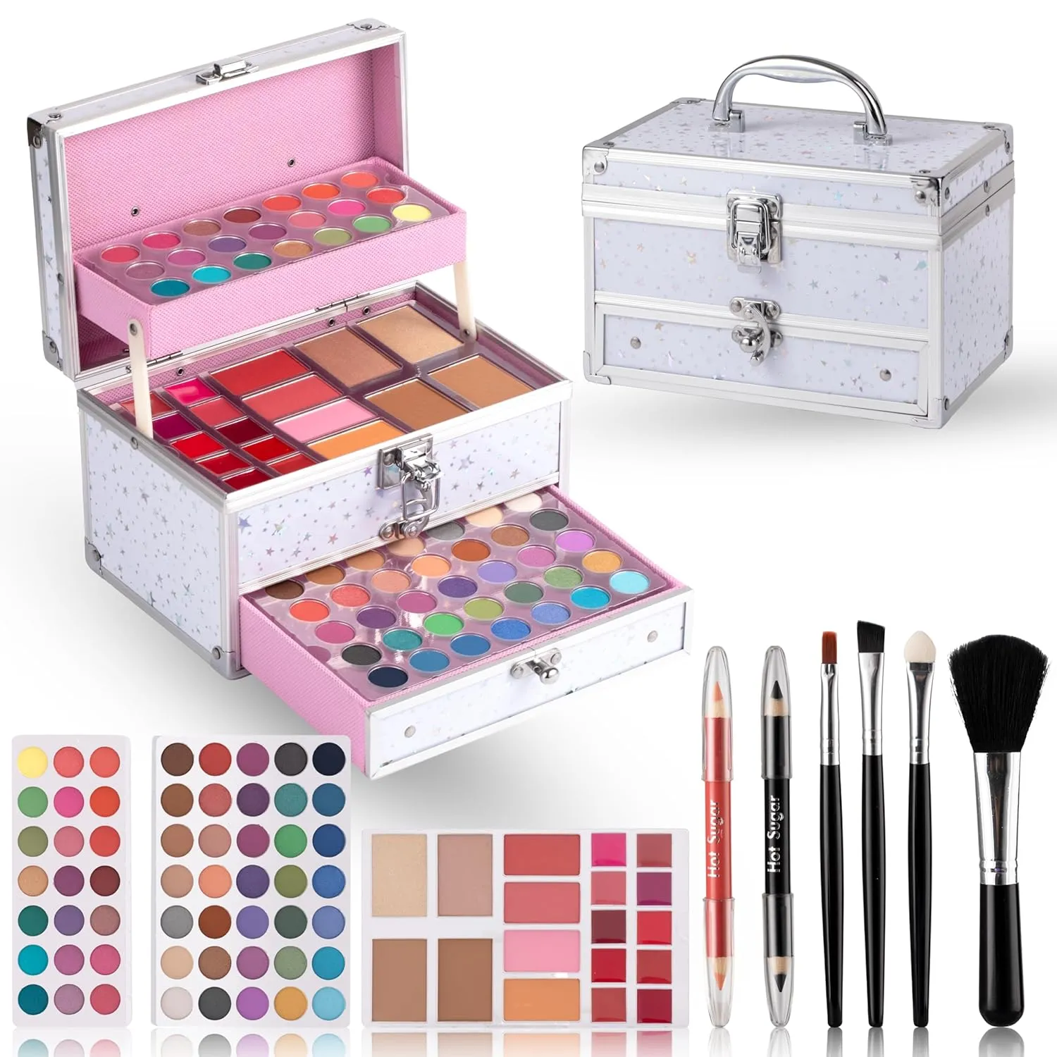 Hot Sugar Makeup Kit for Teen Girls, Kids Makeup Set for Girls Includes Eyeshadow, Lip Gloss, Blush, Highlighter, Bronzer, Lip Pencil, Eye Pencil, Brush and Makeup Box (WHITE)