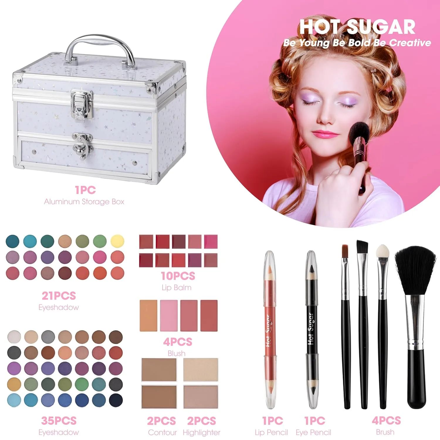 Hot Sugar Makeup Kit for Teen Girls, Kids Makeup Set for Girls Includes Eyeshadow, Lip Gloss, Blush, Highlighter, Bronzer, Lip Pencil, Eye Pencil, Brush and Makeup Box (WHITE)