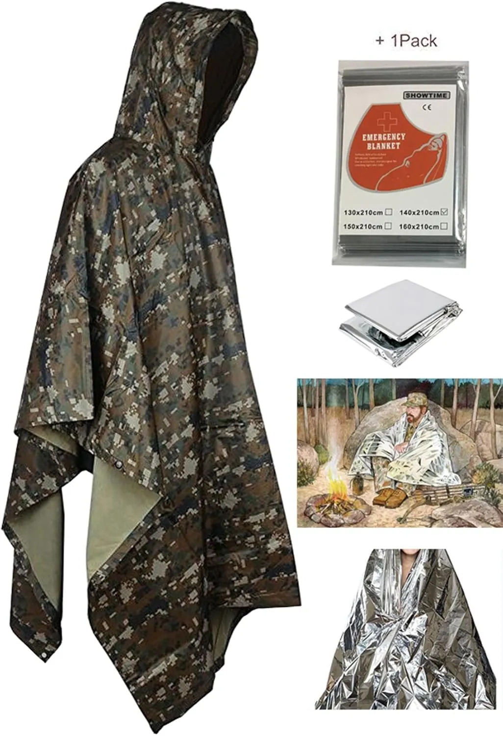 HOW'ON Mens Rain Poncho Waterproof Poncho Hooded Poncho Emergency Raincoat