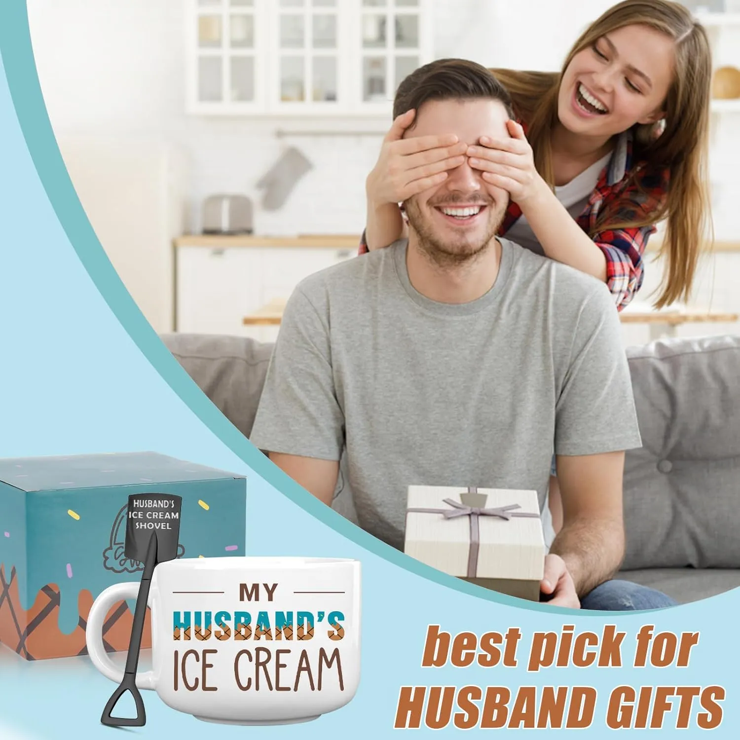 Husband Birthday Gifts from Wife, Fathers Day Husband Gifts, Romantic Gift for Anniversary, Novelty Ice Cream Ceramic Bowl with Shovel Spoon Set