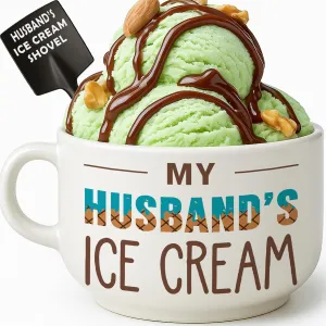 Husband Birthday Gifts from Wife, Fathers Day Husband Gifts, Romantic Gift for Anniversary, Novelty Ice Cream Ceramic Bowl with Shovel Spoon Set