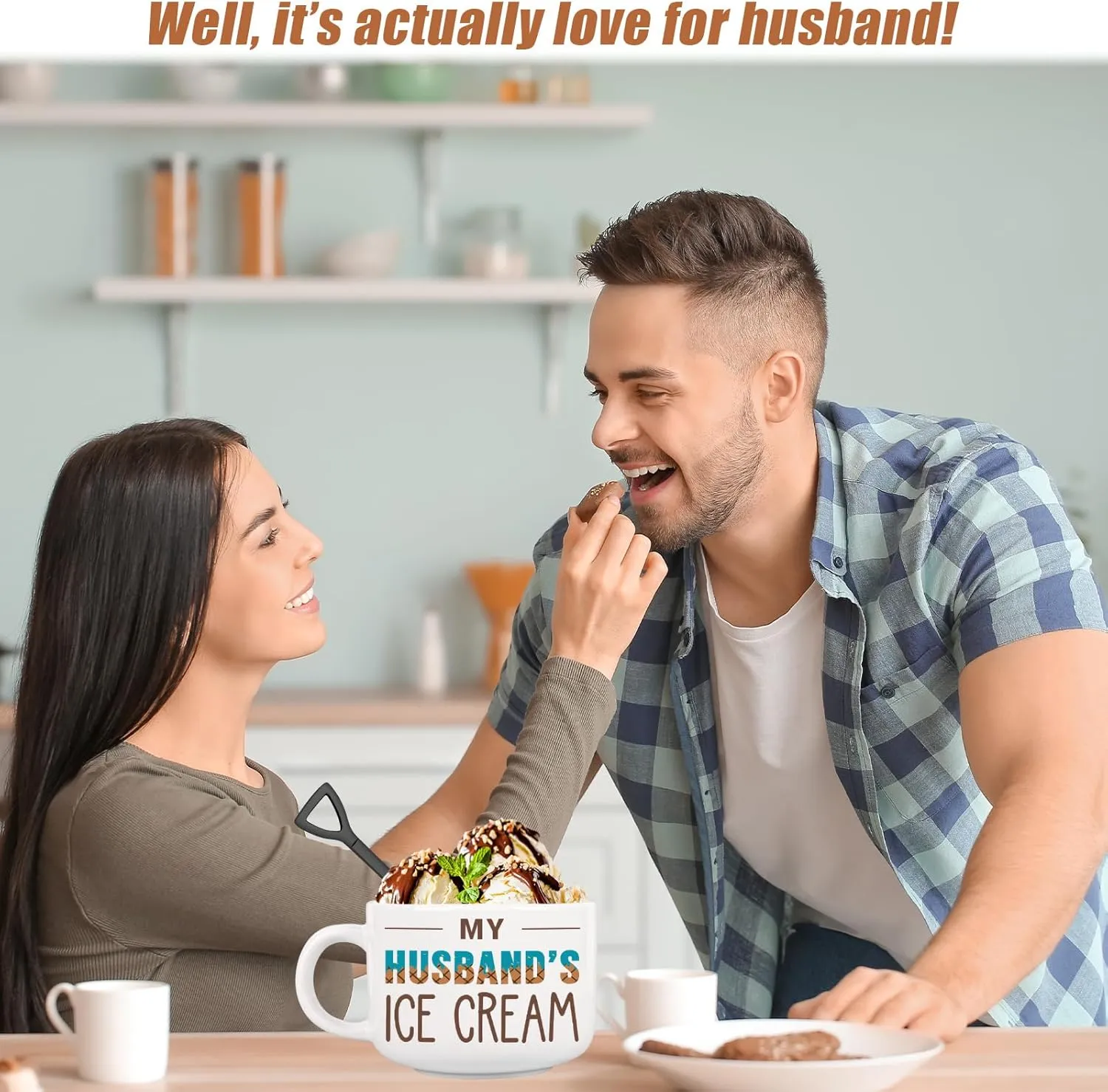 Husband Birthday Gifts from Wife, Fathers Day Husband Gifts, Romantic Gift for Anniversary, Novelty Ice Cream Ceramic Bowl with Shovel Spoon Set