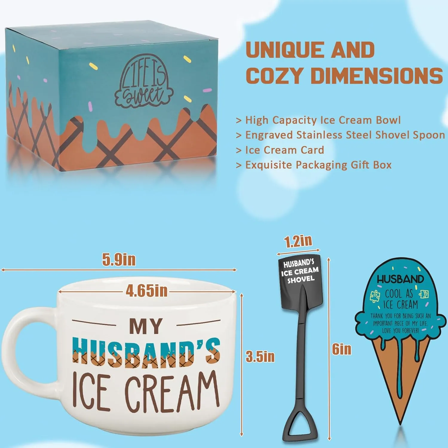 Husband Birthday Gifts from Wife, Fathers Day Husband Gifts, Romantic Gift for Anniversary, Novelty Ice Cream Ceramic Bowl with Shovel Spoon Set