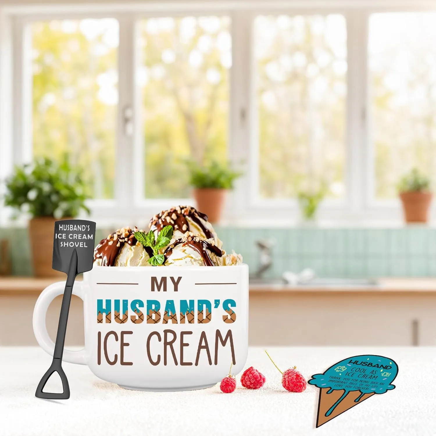 Husband Birthday Gifts from Wife, Fathers Day Husband Gifts, Romantic Gift for Anniversary, Novelty Ice Cream Ceramic Bowl with Shovel Spoon Set