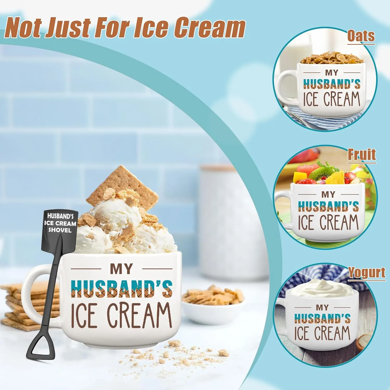 Husband Birthday Gifts from Wife, Fathers Day Husband Gifts, Romantic Gift for Anniversary, Novelty Ice Cream Ceramic Bowl with Shovel Spoon Set