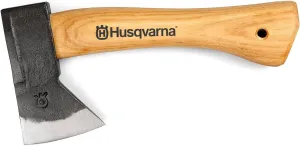Husqvarna 9.4-Inch Hiking Hatchet, Camping Axe with Hickory Wood Handle and Forged Steel Axe Head, Includes Durable Leather Cover