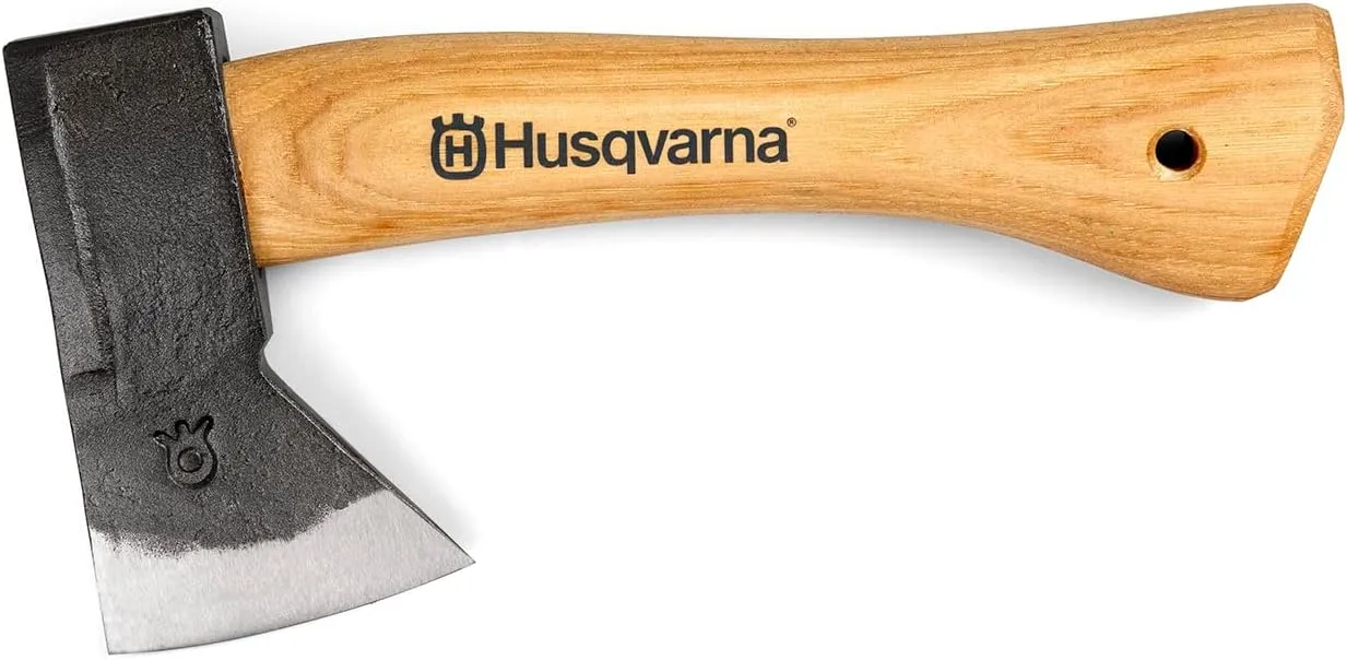 Husqvarna 9.4-Inch Hiking Hatchet, Camping Axe with Hickory Wood Handle and Forged Steel Axe Head, Includes Durable Leather Cover