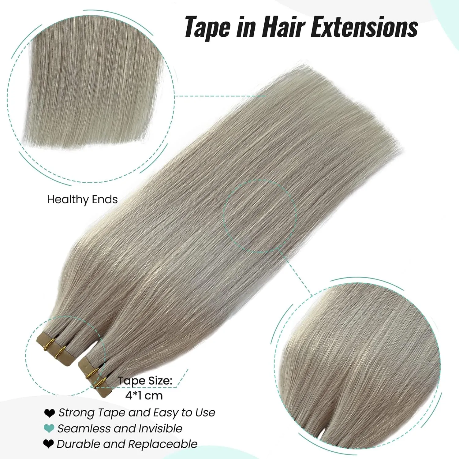 Ice Blonde Tape in Hair Extensions Human Hair for White/Black Women, Double Sided 50grams Tape in Icy Blonde Remy Hair Extensions with Thick Ends 14 Inch 20 Pieces
