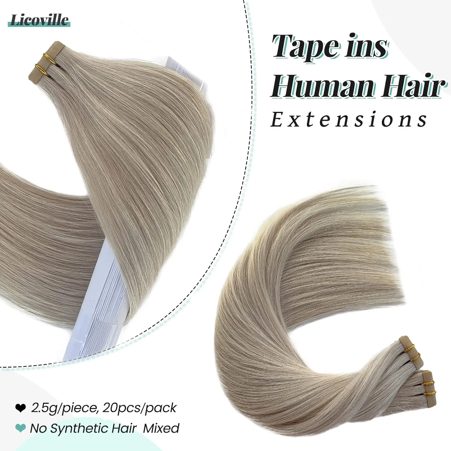 Ice Blonde Tape in Hair Extensions Human Hair for White/Black Women, Double Sided 50grams Tape in Icy Blonde Remy Hair Extensions with Thick Ends 14 Inch 20 Pieces