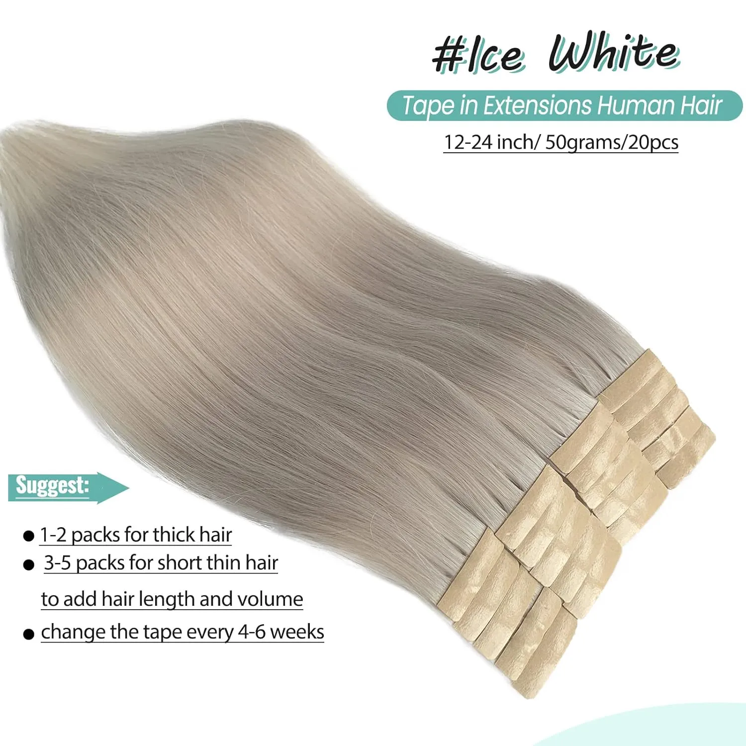 Ice Blonde Tape in Hair Extensions Human Hair for White/Black Women, Double Sided 50grams Tape in Icy Blonde Remy Hair Extensions with Thick Ends 14 Inch 20 Pieces