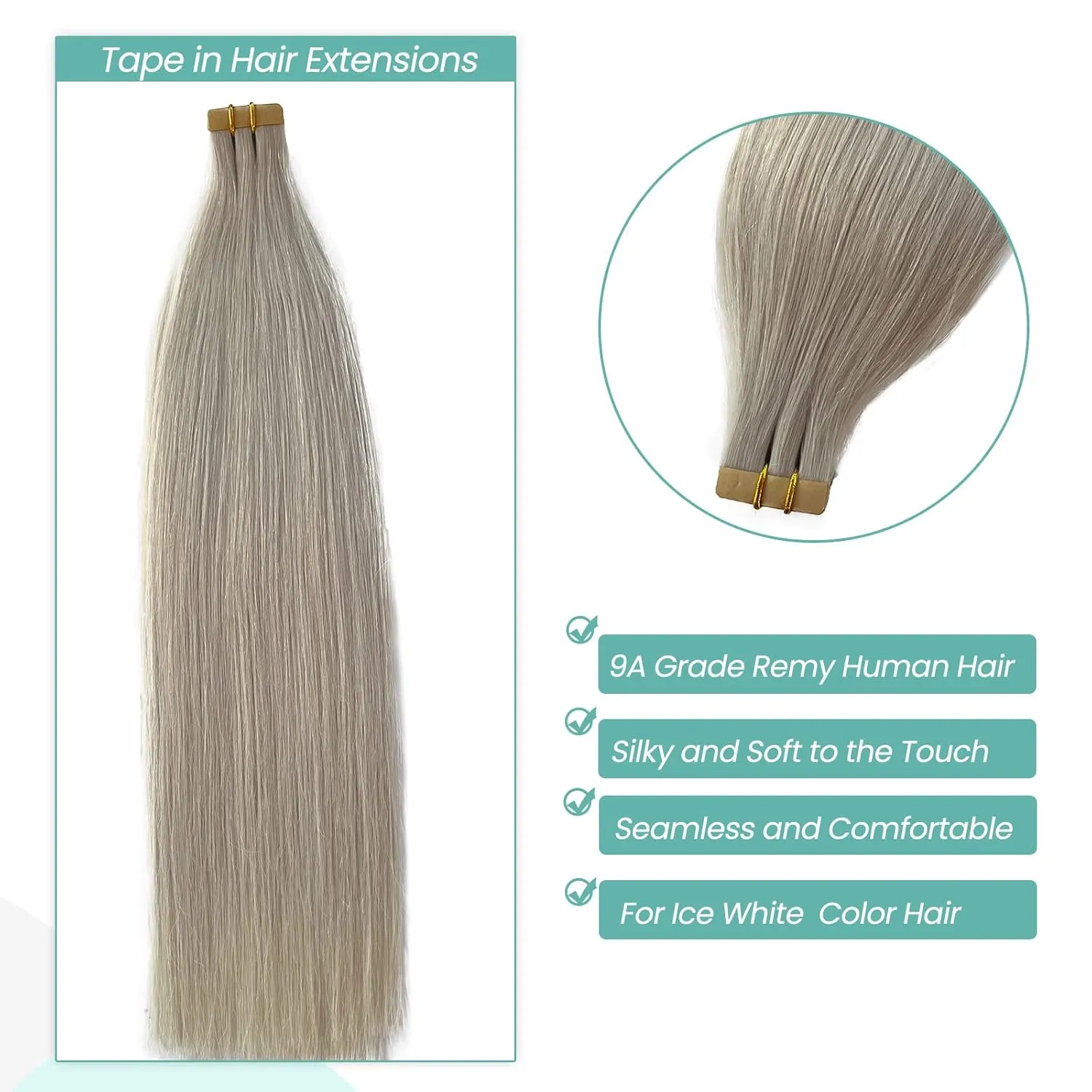 Ice Blonde Tape in Hair Extensions Human Hair for White/Black Women, Double Sided 50grams Tape in Icy Blonde Remy Hair Extensions with Thick Ends 14 Inch 20 Pieces