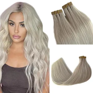 Ice Blonde Tape in Hair Extensions Human Hair for White/Black Women, Double Sided 50grams Tape in Icy Blonde Remy Hair Extensions with Thick Ends 14 Inch 20 Pieces