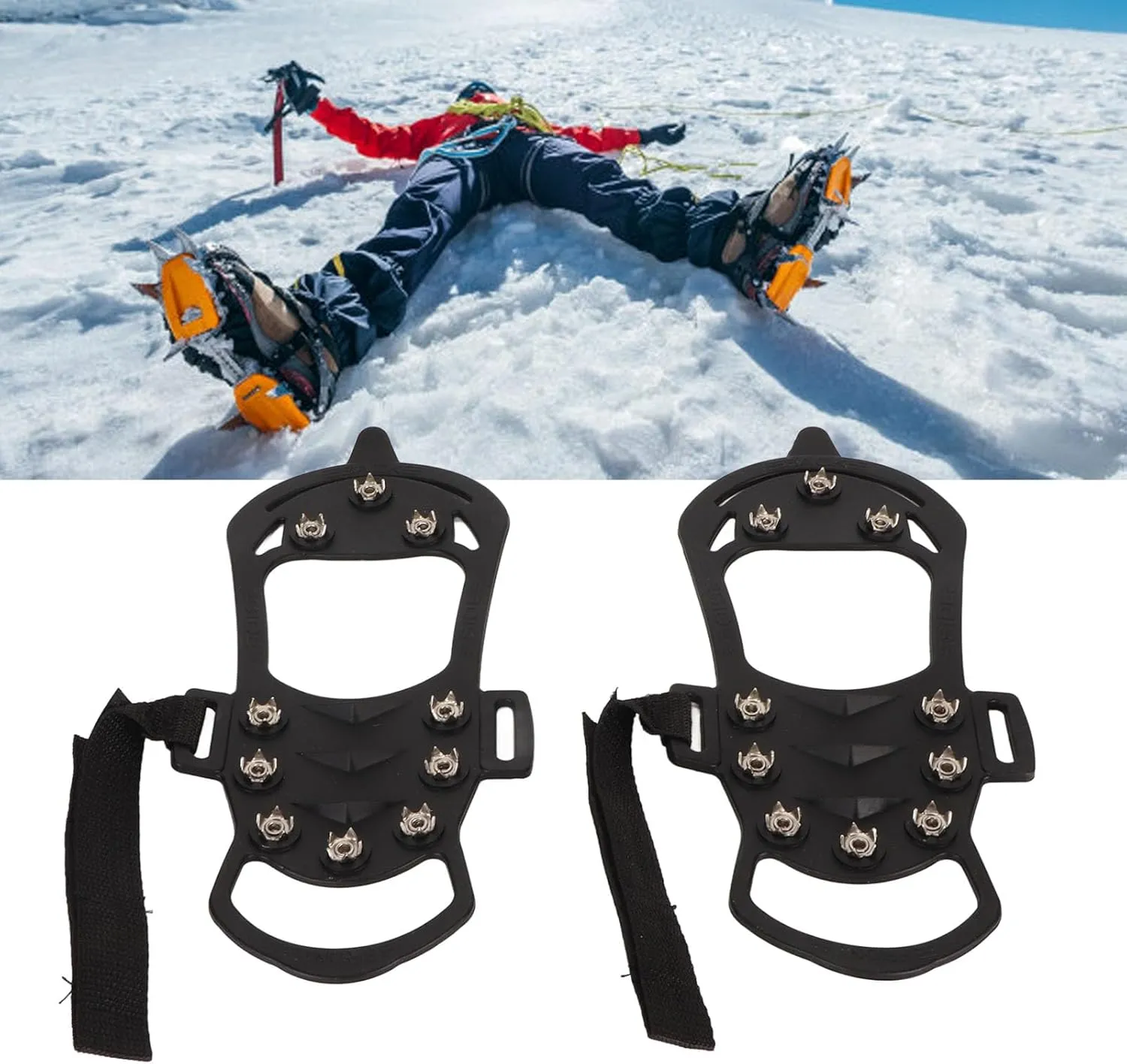 Ice Cleats 10 Teeth Rubber Stainless Steel Foldable Anti Slip Crampon for Ice Fishing Mountaineering Rock Climbing Outdoor Activities