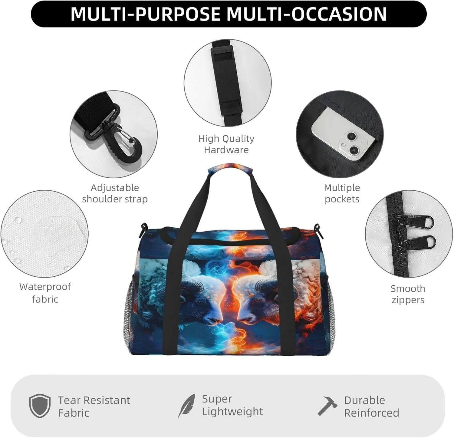 Ice Fire Sheep Travel Duffel Bag Large Foldable Waterproof Overnight Bag For Beach Swim Bags Pool Sports Gym