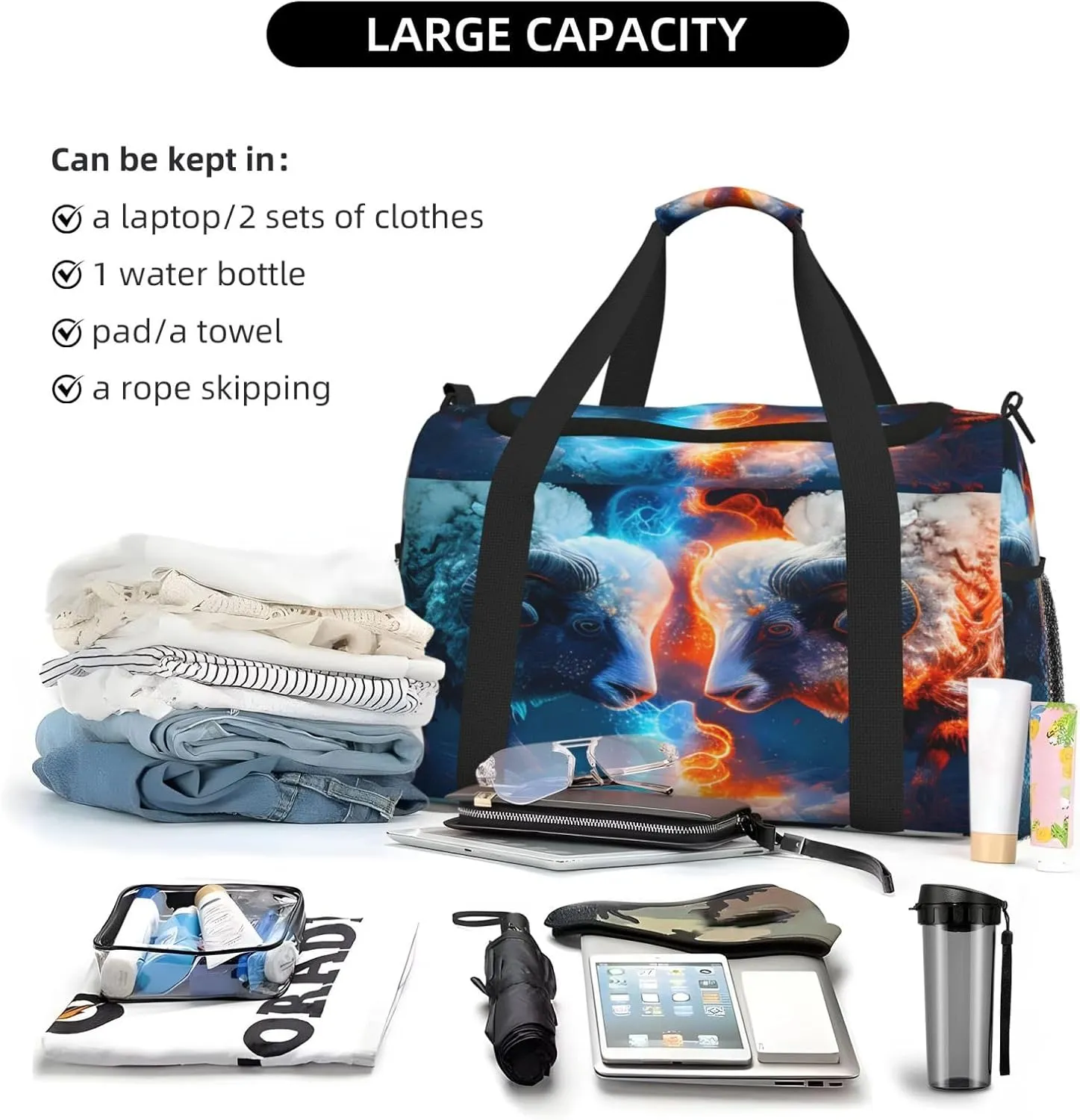 Ice Fire Sheep Travel Duffel Bag Large Foldable Waterproof Overnight Bag For Beach Swim Bags Pool Sports Gym