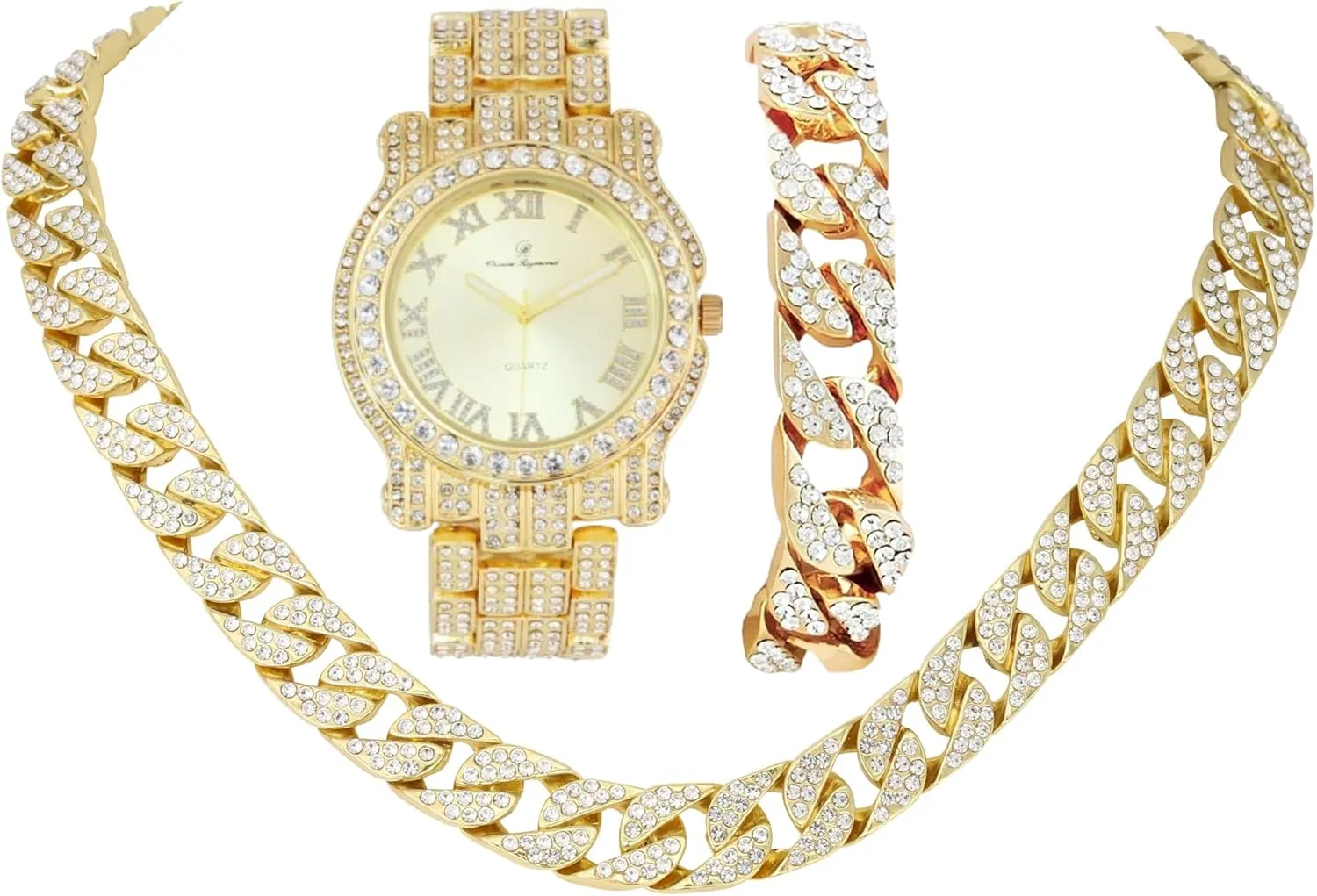Ice on Blast! Bling'ed Out Hip Hop Rolly Looks w/Ice on Watch & Jewelry -Your Choice of Matching Zig Zag Bling'ed Out Necklace Set or Necklace & Bracelet Set - ZZ Sets