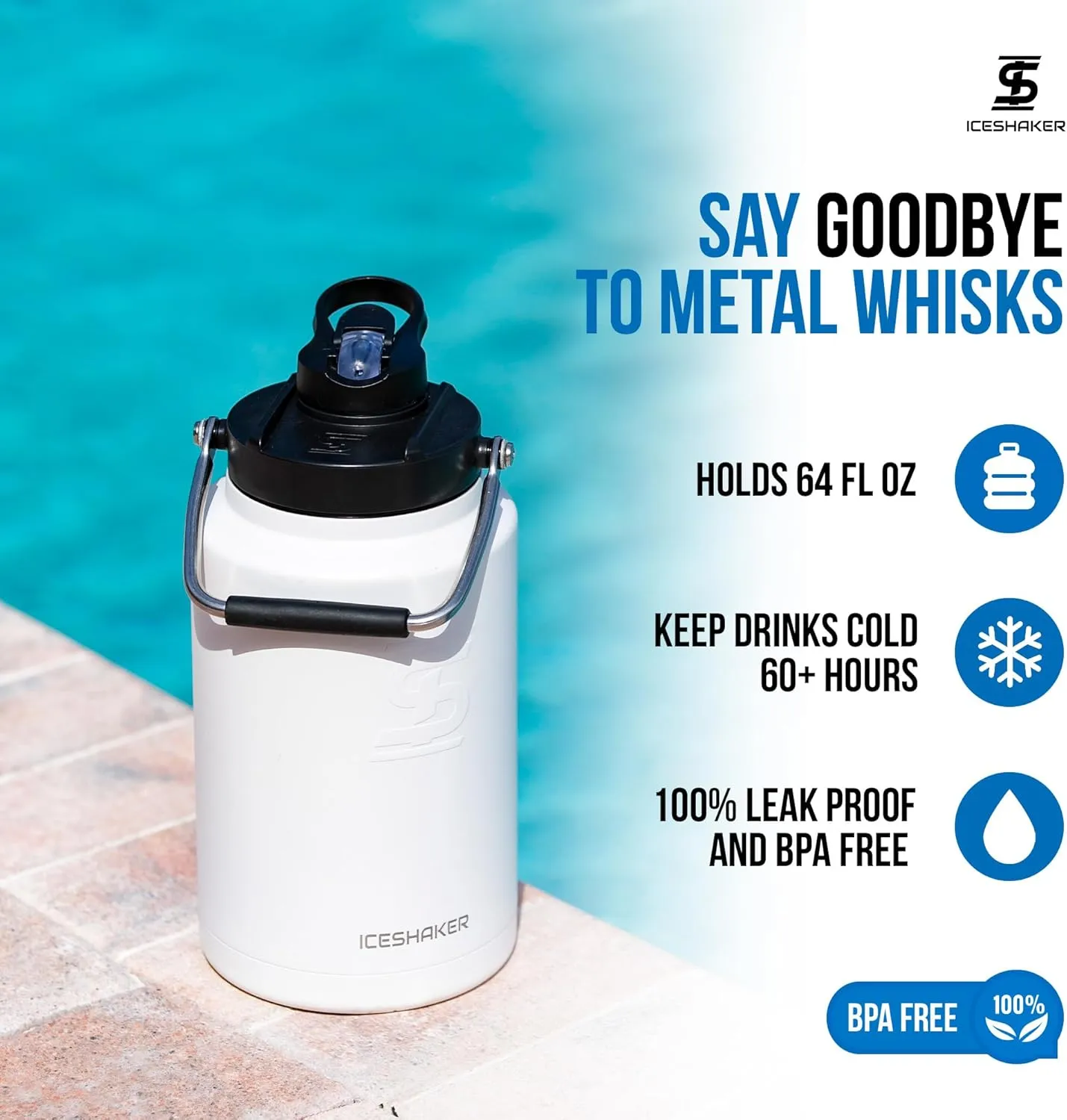 Ice Shaker Insulated Stainless Steel Half Gallon Water Jug | 64 oz, White | Stays Cold for 60  Hours | Multi-purpose lid | Odor-Free Outdoor Water Jug for Sports, Camping, Hiking, Working Out