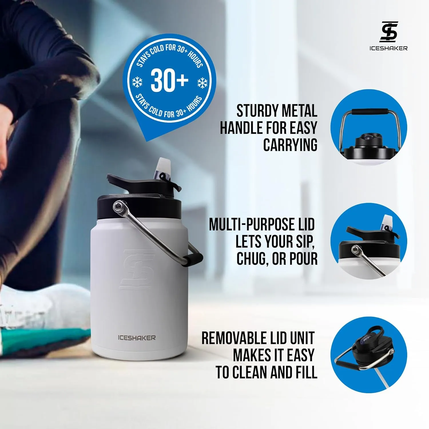 Ice Shaker Insulated Stainless Steel Half Gallon Water Jug | 64 oz, White | Stays Cold for 60  Hours | Multi-purpose lid | Odor-Free Outdoor Water Jug for Sports, Camping, Hiking, Working Out
