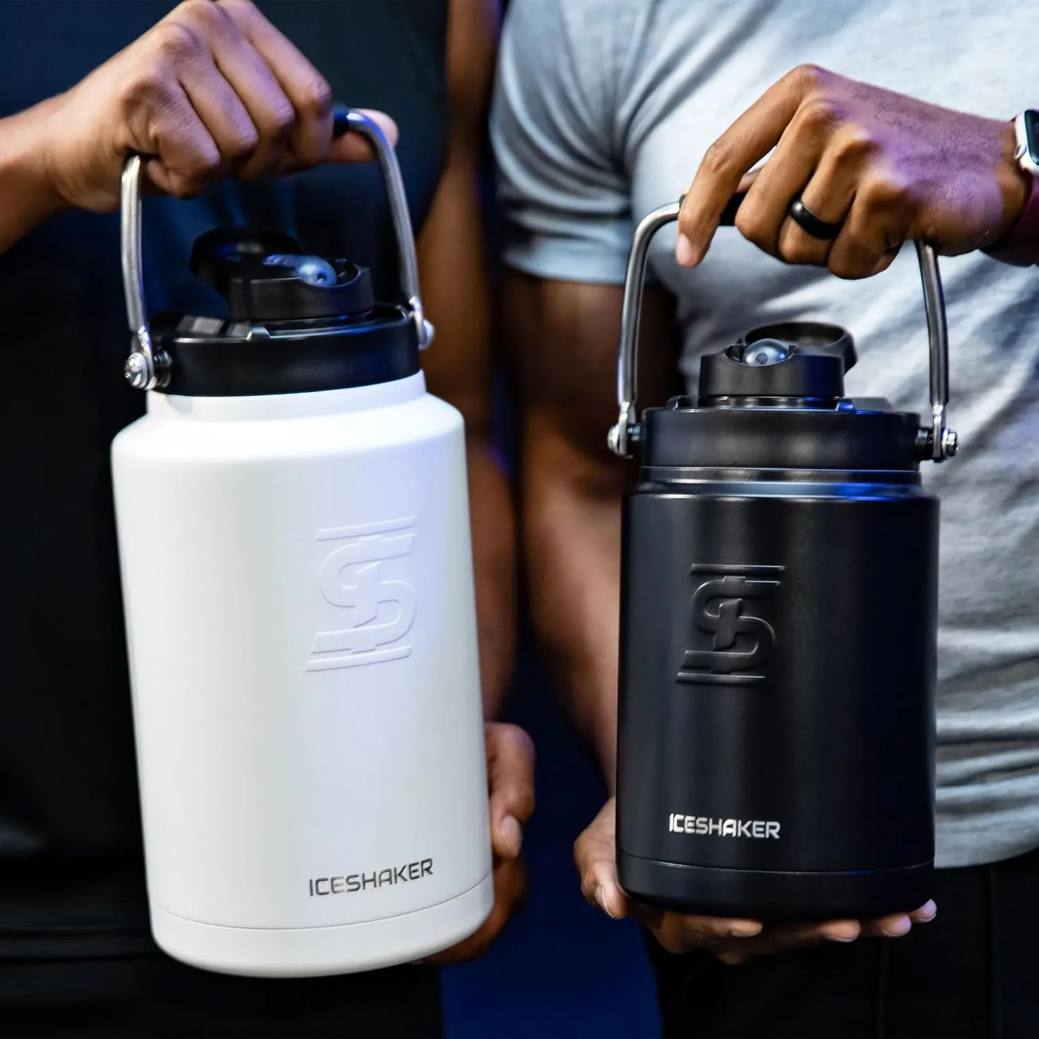 Ice Shaker Insulated Stainless Steel Half Gallon Water Jug | 64 oz, White | Stays Cold for 60  Hours | Multi-purpose lid | Odor-Free Outdoor Water Jug for Sports, Camping, Hiking, Working Out