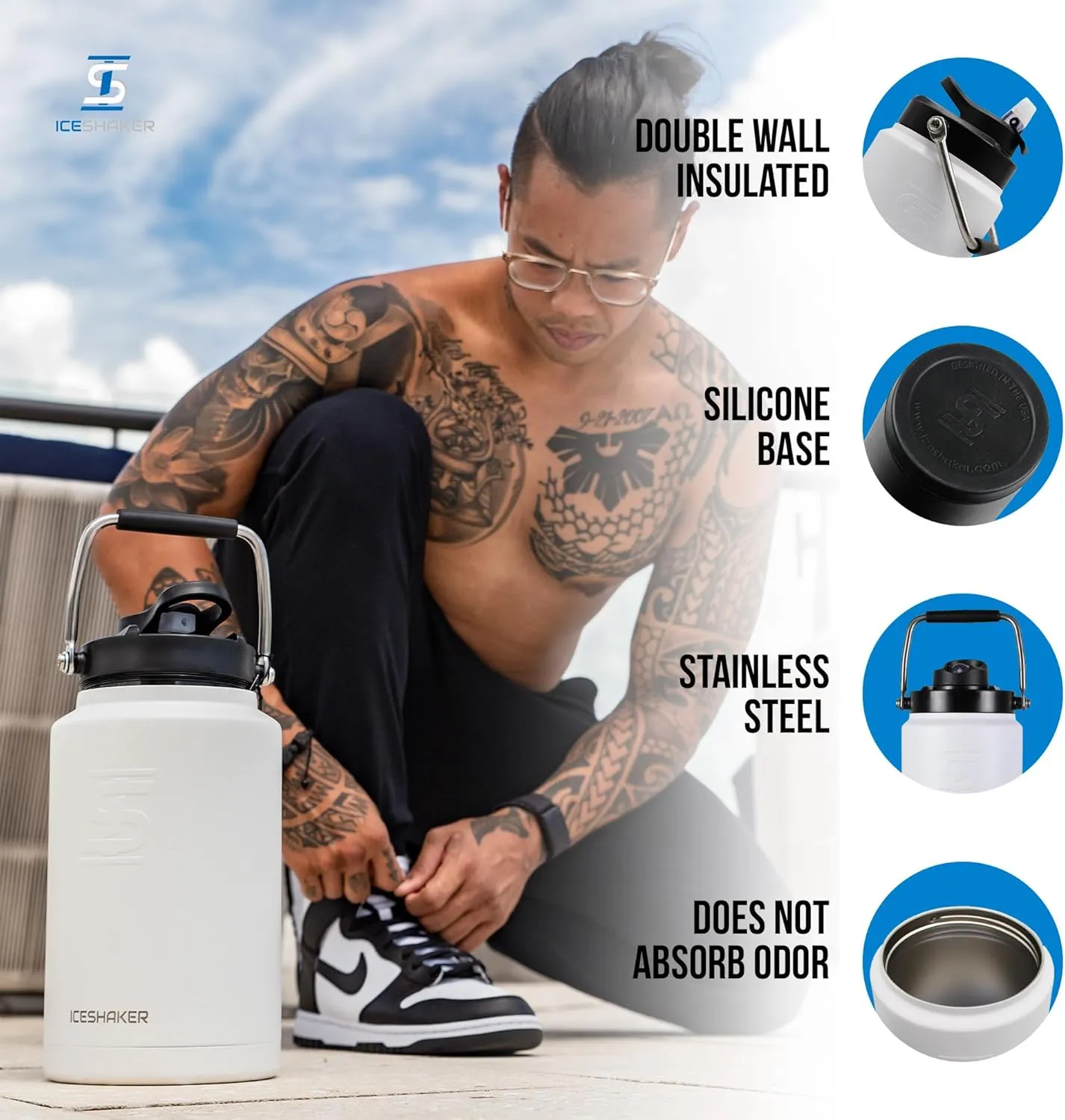 Ice Shaker Insulated Stainless Steel Half Gallon Water Jug | 64 oz, White | Stays Cold for 60  Hours | Multi-purpose lid | Odor-Free Outdoor Water Jug for Sports, Camping, Hiking, Working Out