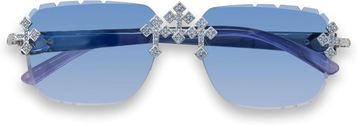 ICE STAR Iced-Out Triple Cross Sunglasses - Diamond-Cut Frameless Shades for Women, Hip-Hop Luxury Eyewear