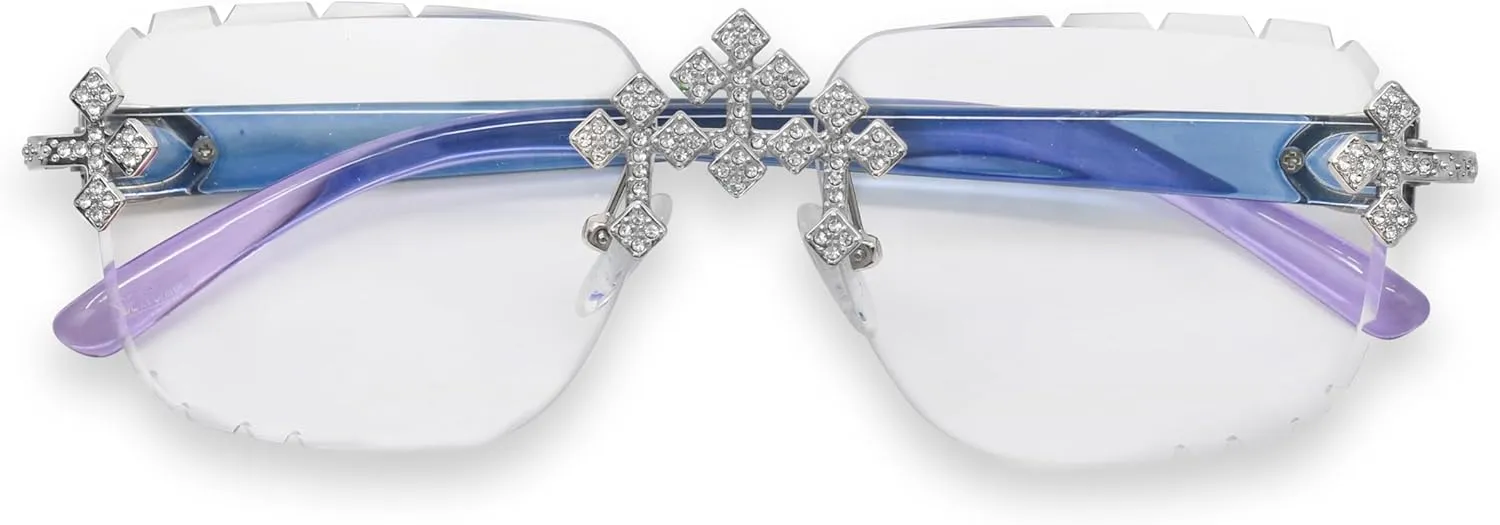ICE STAR Iced-Out Triple Cross Sunglasses - Diamond-Cut Frameless Shades for Women, Hip-Hop Luxury Eyewear