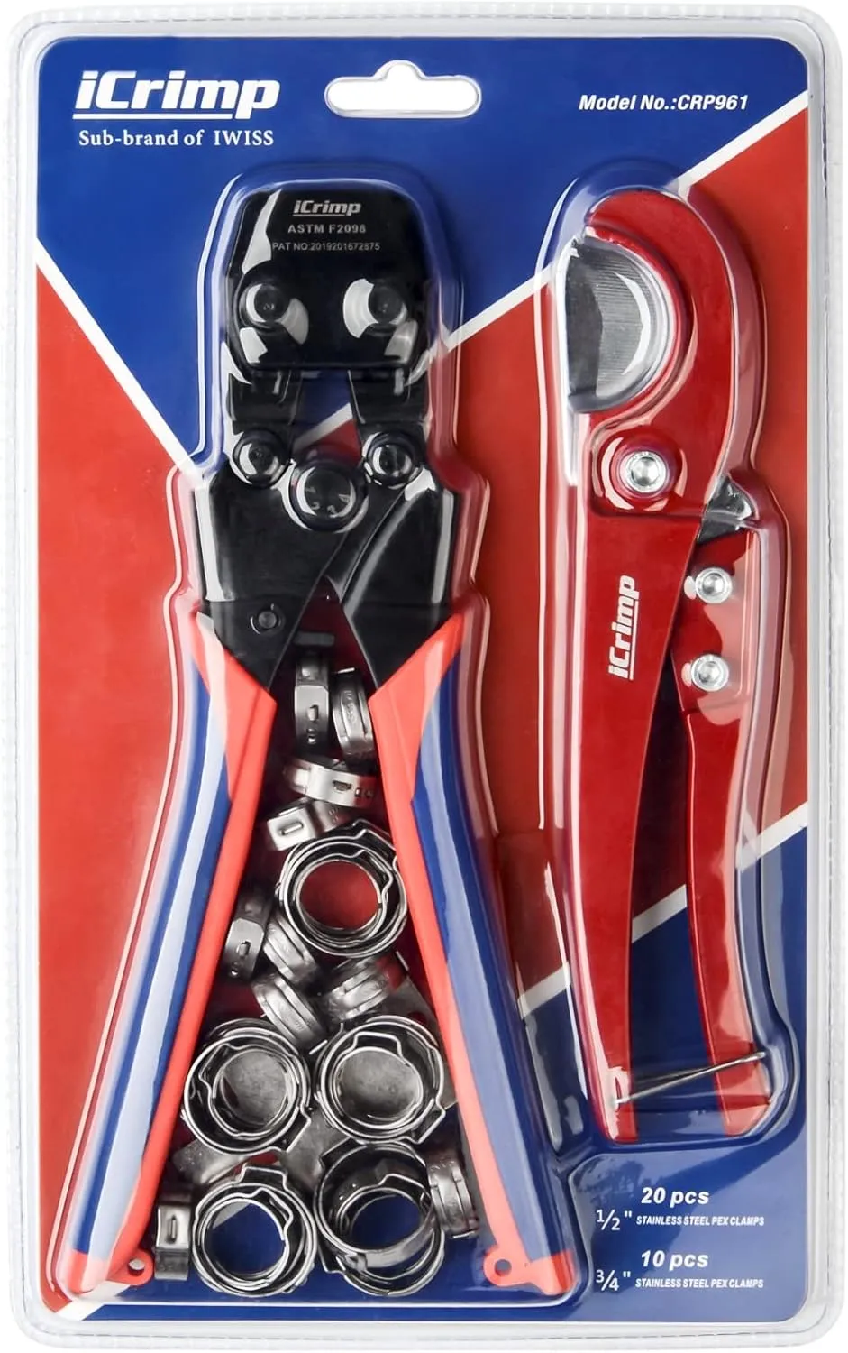 iCrimp Mini PEX Pipe Quick Cinch Tool Set for Stainless Steel Clamp from 3/8-inch to 1-inch with Pex Cutter,20pcs 1/2-inch and 10pcs 3/4-inch Stainless Steel Clamps included