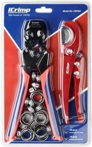 iCrimp Mini PEX Pipe Quick Cinch Tool Set for Stainless Steel Clamp from 3/8-inch to 1-inch with Pex Cutter,20pcs 1/2-inch and 10pcs 3/4-inch Stainless Steel Clamps included