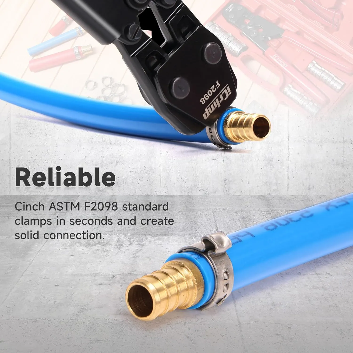 iCrimp PEX Pipe Clamp Cinch Tool Crimping Tool Crimper for Stainless Steel Clamps from 3/8-inch to 1-inch with 1/2-inch 20PCS and 3/4-inch 10PCS SS PEX Clamps
