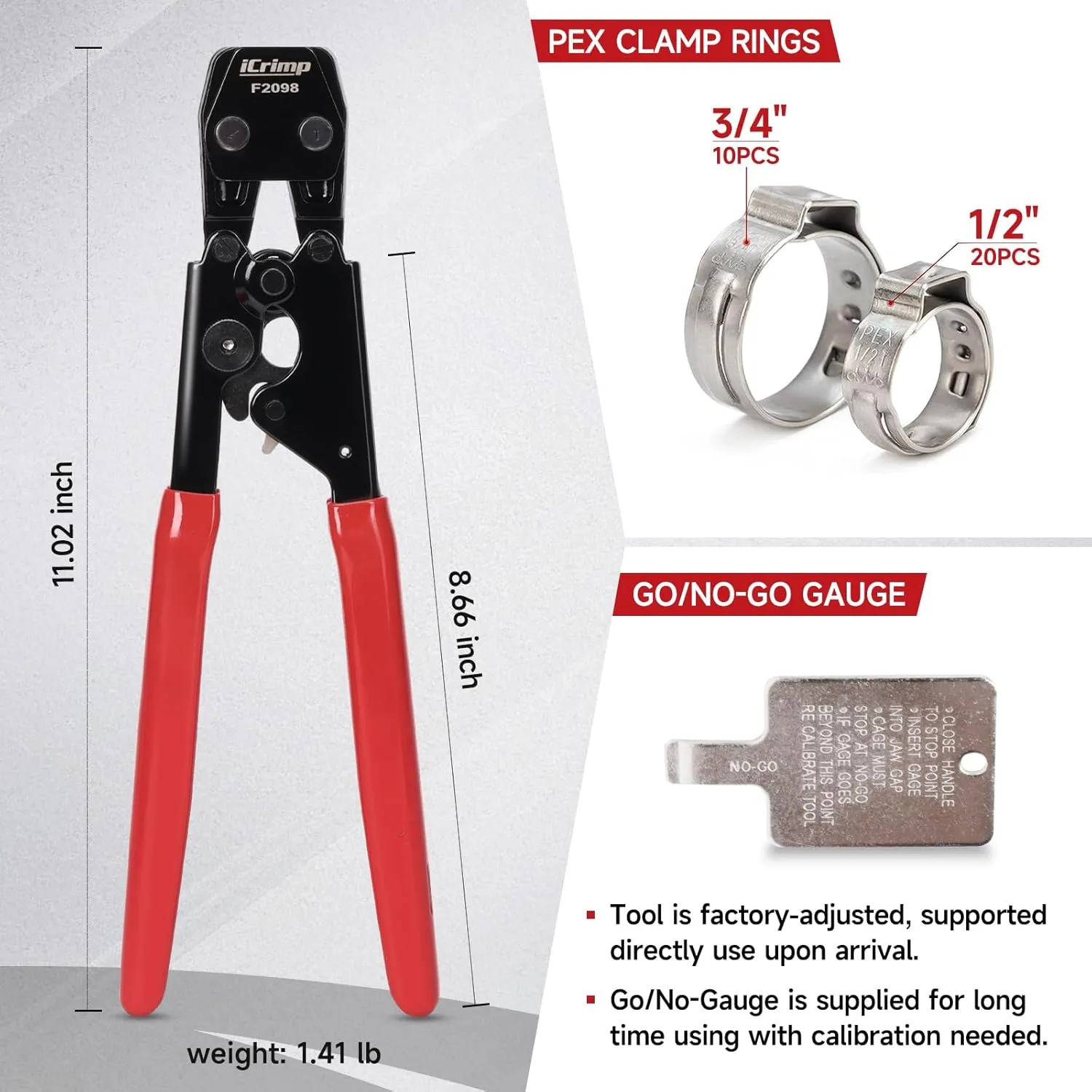 iCrimp PEX Pipe Clamp Cinch Tool Crimping Tool Crimper for Stainless Steel Clamps from 3/8-inch to 1-inch with 1/2-inch 20PCS and 3/4-inch 10PCS SS PEX Clamps